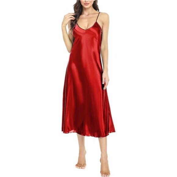 Women Sexy Satin Nightgown Sleepwear Light Red